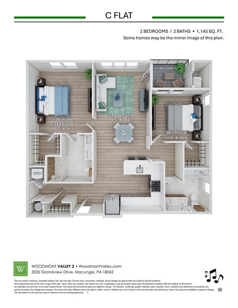 Floor plan for 2 beds, 2 baths, 1145 sqft